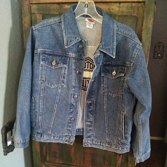 Harley Davidson Womens Patch Logo Distressed Jean Jacket Size L 14/16 $285 NICE! - Picture 2 of 12